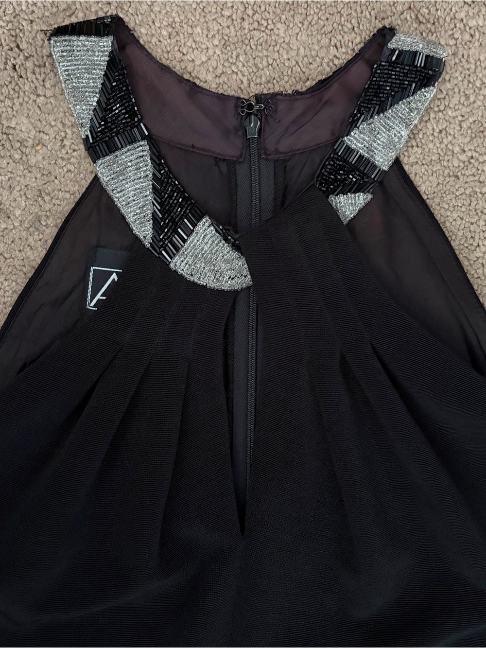 Alex Evenings Black Halter Mini Dress with Silver Beaded Neckline